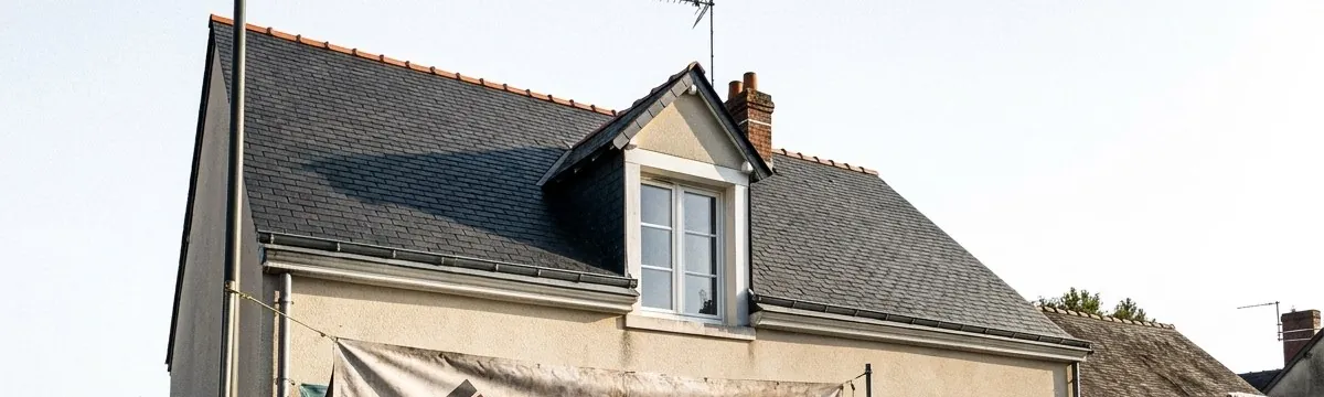 Lucarne, couverture en ardoise et faîtières en terre cuite sur une maison d’Angers rénovée par le couvreur