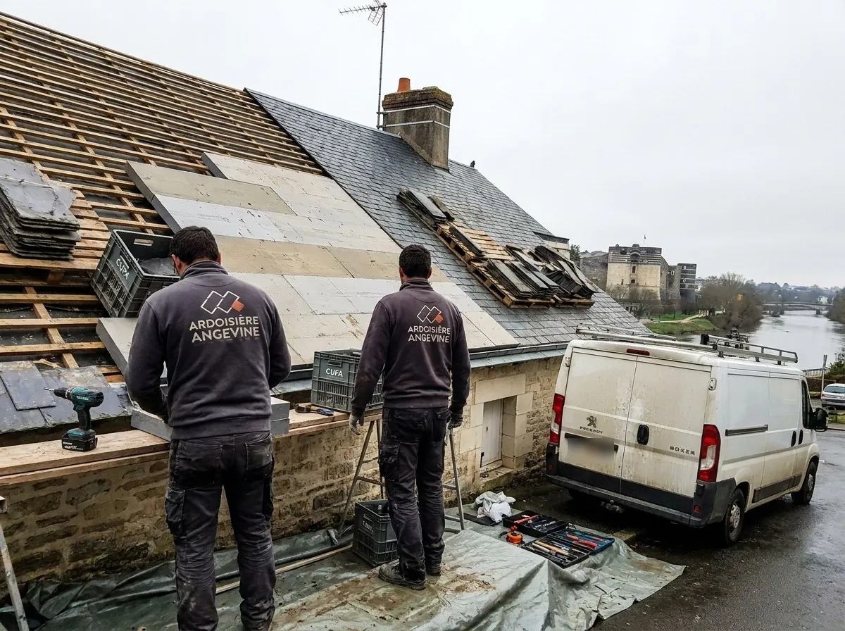 Couvreurs de Maison Ardoisière Angevine en pleine réfection d’une toiture en ardoise à Angers, liteaux neufs et ardoises en attente, château au fond