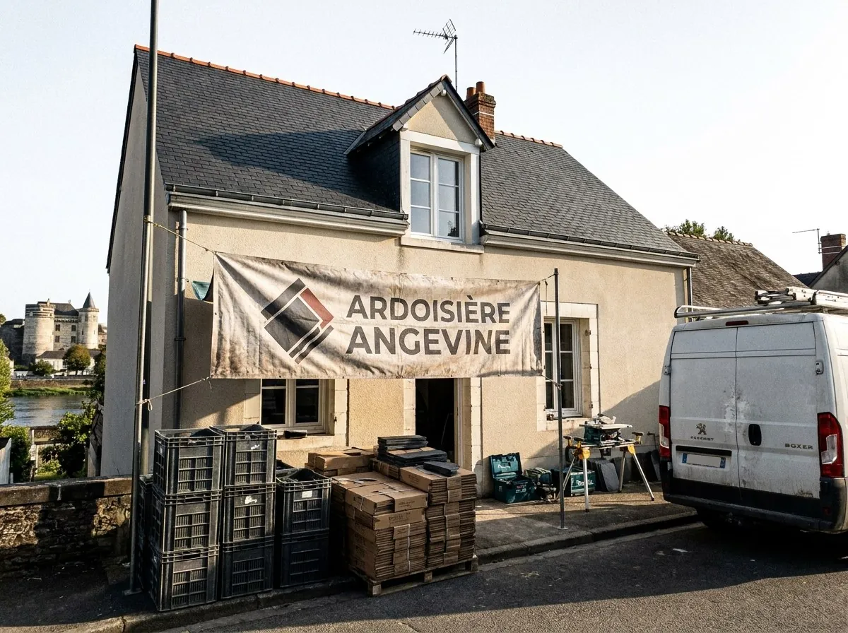 Maison angevine en tuffeau à Angers, couverture en ardoise refaite par Maison Ardoisière Angevine, château et Maine au loin